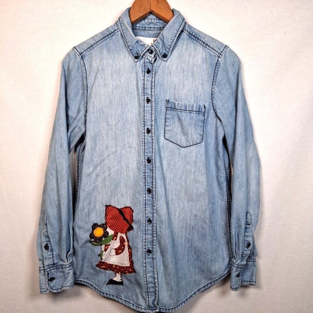 Reworked Chambray Denim Shirt Small Farm Rooster Calico Cottagecore Farmer - Picture 2 of 16
